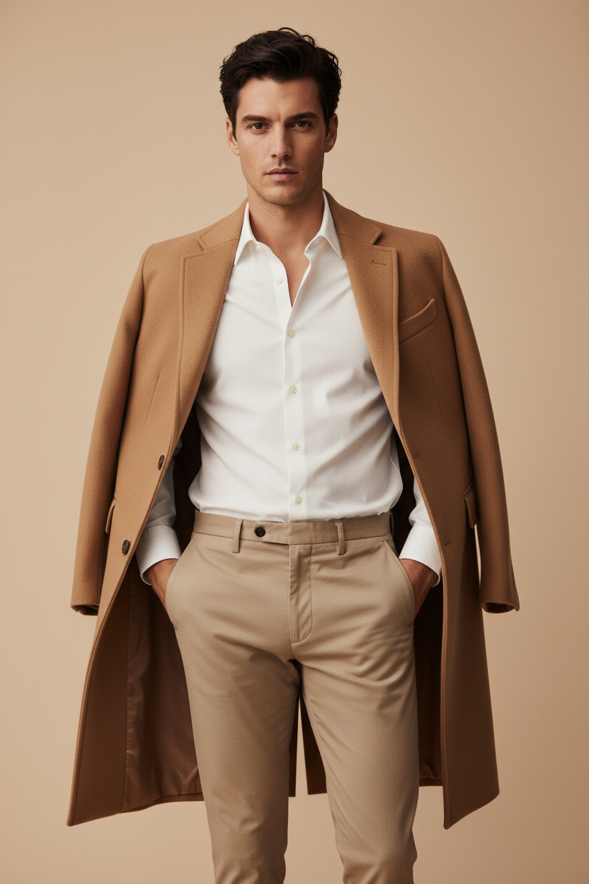 Male fashion model camel overcoat elegant